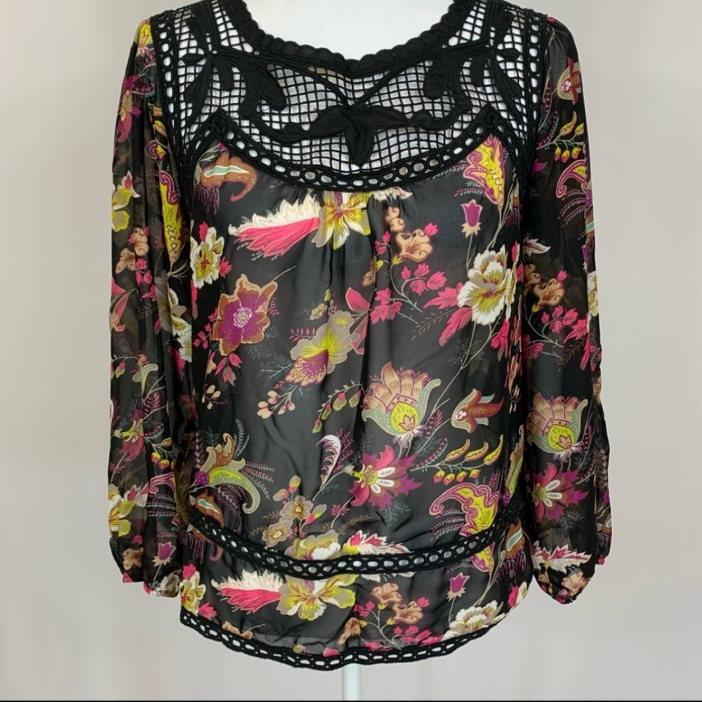 Anthropologie Meadow Rue Black Floral Lace Top S